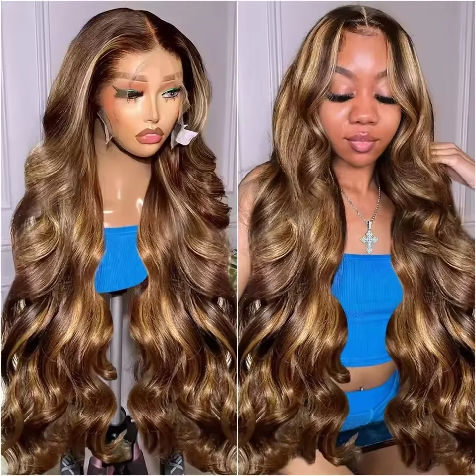 46 Inches P4/27 Highlight Colored Body Wave Human Hair Wigs 220% Density 13x4 13x6 HD Transparent Lace Frontal Wig Pre Plucked With Baby Hair For Women