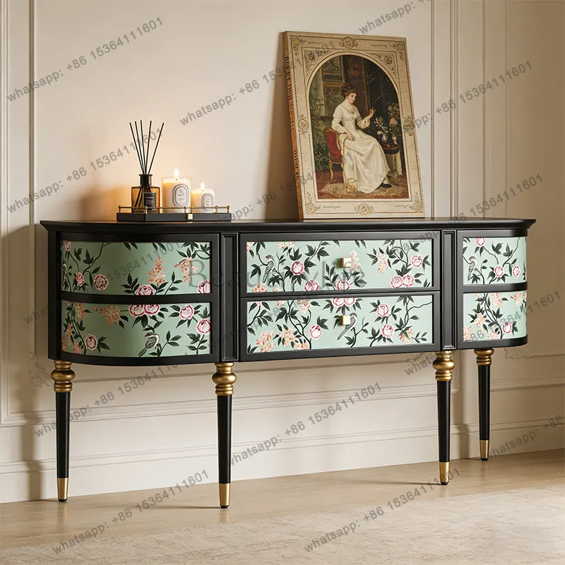 

French retro style entrance cabinet, antique green rose solid wood frame entry cabinet