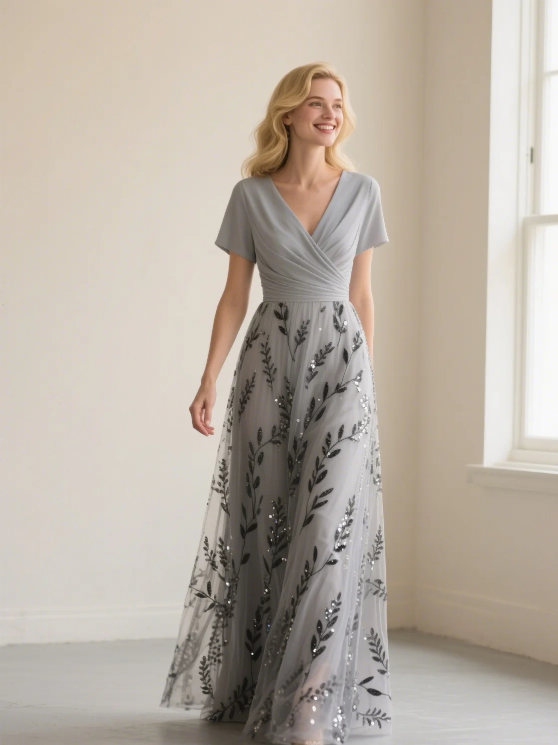 

Elegant A-line Wedding Guest Dress V Neck Short Sleeve Appliques Floor Length Tulle Chiffon Evening Dress 2025 free customized