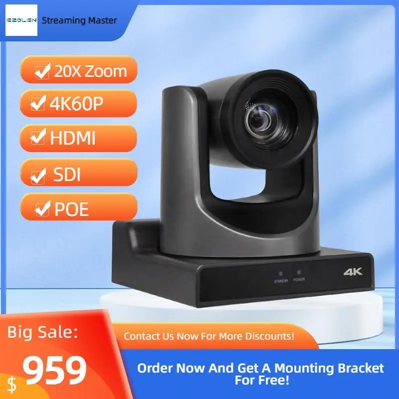 

EZOLEN POE NDI 4K 20X Optical Zoom PTZ Camera with 3G-SDI HDMI USB IP Streaming Outputs UHD Video Conference Camera