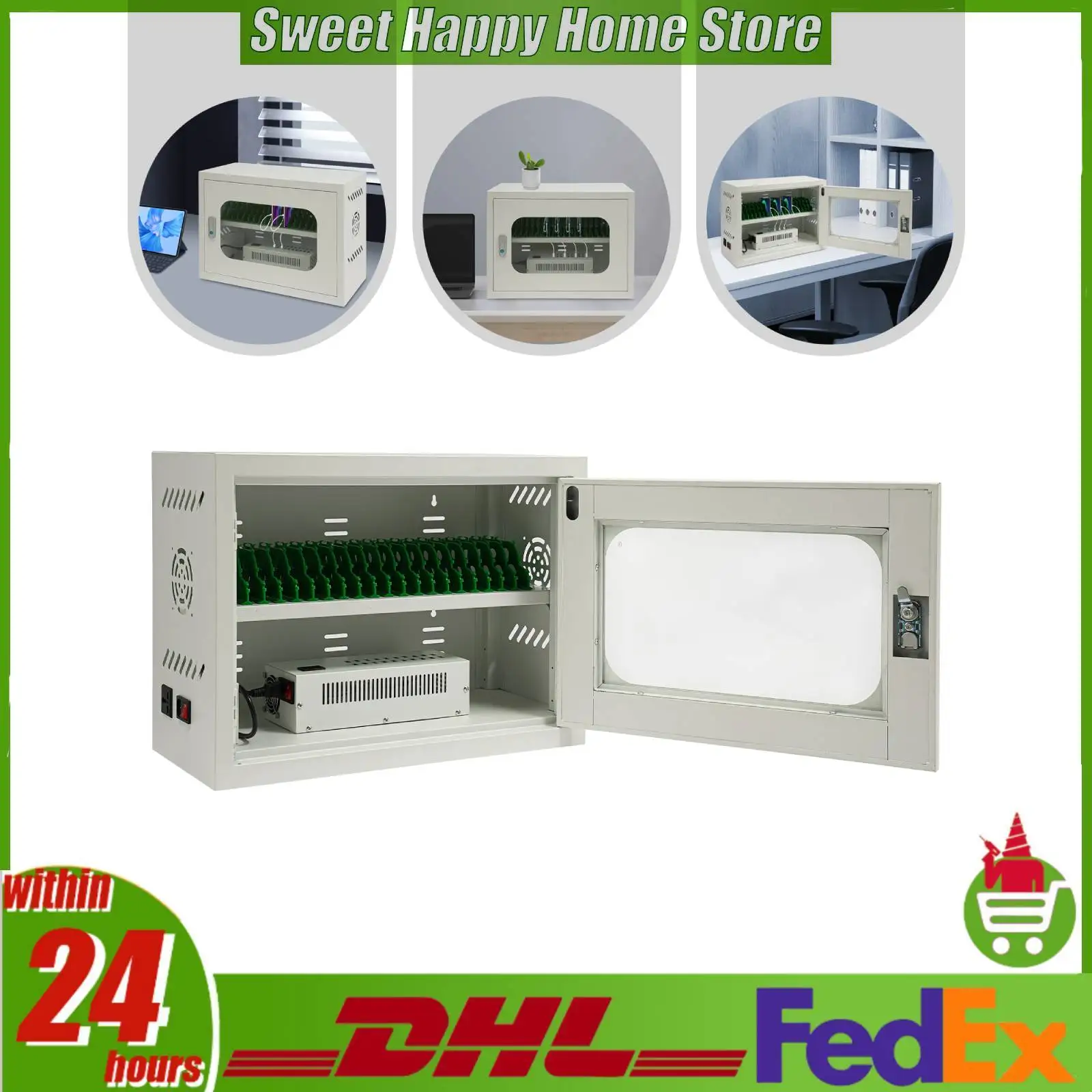 Charging Cabinet for Cellphones and Tablets 20 Device Charging Station Lockable Wall Mount Desktop with Tempered Glass Window