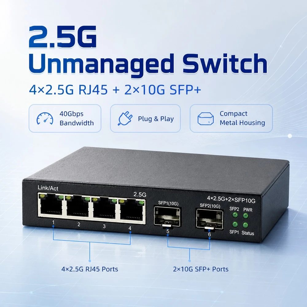 2.5G Ethernet Switch 4/8 Port 10G SFP+ Gigabit Network Switch High Speed Plug and Play for Home Office Gaming