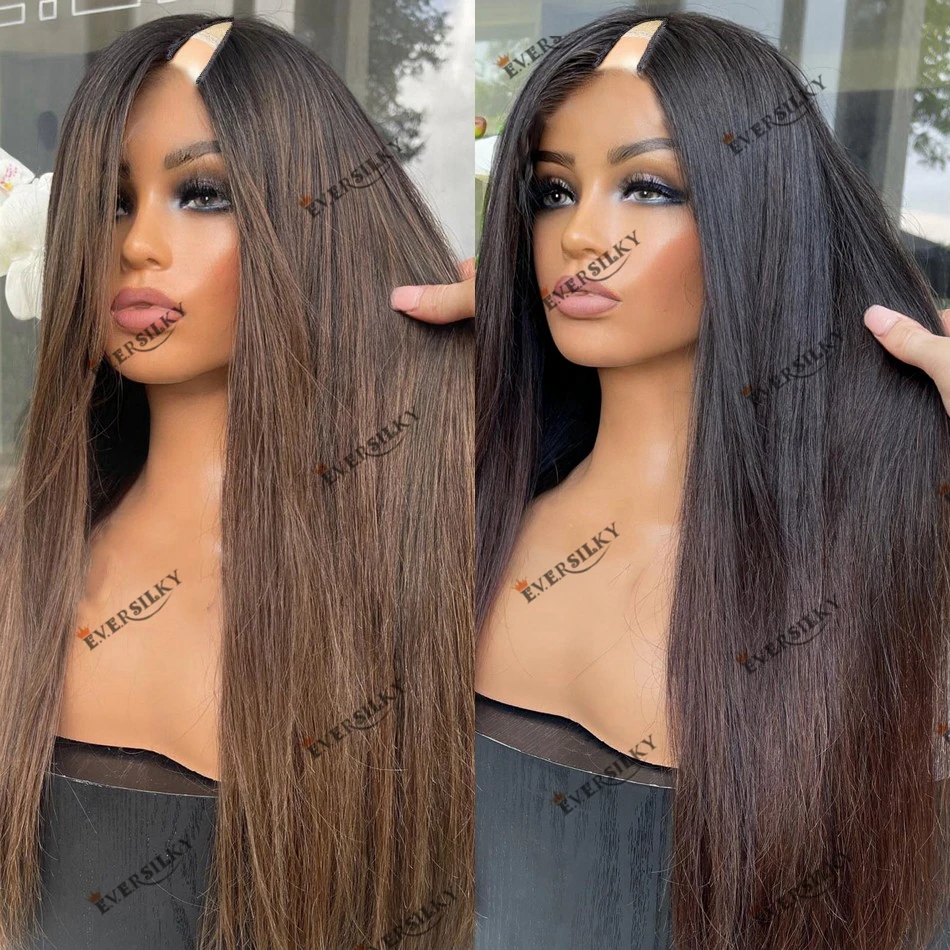 Indian Rmey Human Hair 1x4 V Part Wig Easy Install Machine Made Ombre Caramel Brown Silk Straight Human Hair Wig for Black Women