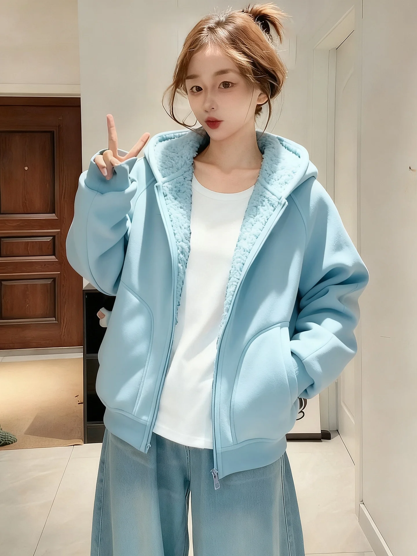 

Thiened Fce Hoodie Women's Winter Warm Lamb Velvet Outdoor Sports Cotton Jaet Zipper Closure ort Sle Polyester Fiber