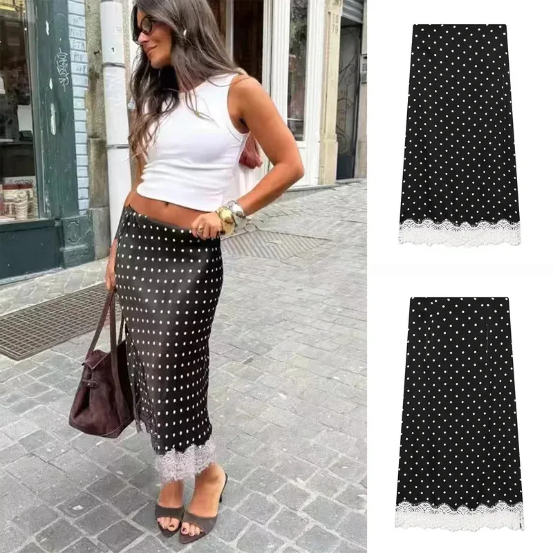 

Новинка весенней коллекции: Женская ретро-юбка миди с молнией, цветными вставками, кружевными элементами и принтом в горошек, с завышенной талией, прямого кроя