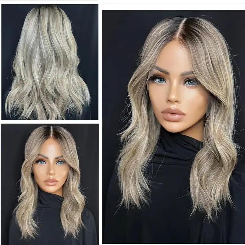 

Короткие парики Боб Новые в Ombre DArk Ash Blonde Цветной синтетический парик фронта шнурка для женщин Предварительно выщипанная линия волос Супер мягкий женский парик