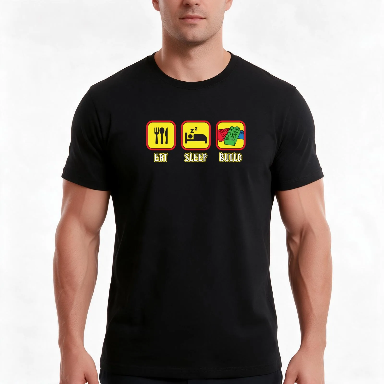 Eat Sleep Build Toy Brick Lover Blocks T-Shirt, Summer Casual Cotton Tee, Oversized Streetwear Tops, Vintage Graphic Print