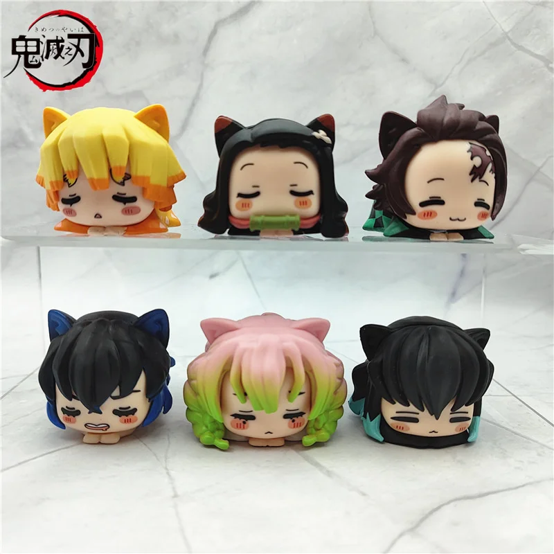 Demon Slayer Cat Sleep Shapes Kamado Tanjirou Kanroji Mitsuri Figurine Toys Tokitou Muichirou Anime Dolls Model Ornaments Gift