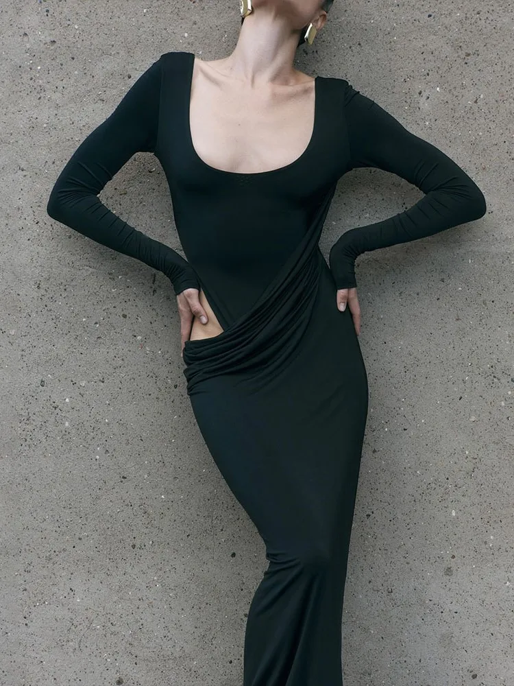 Abito lungo con volant irregolare con vita scavata Abito lungo da donna Autunno O-Collo Backless Manica lunga Prom Party Abiti eleganti skinny