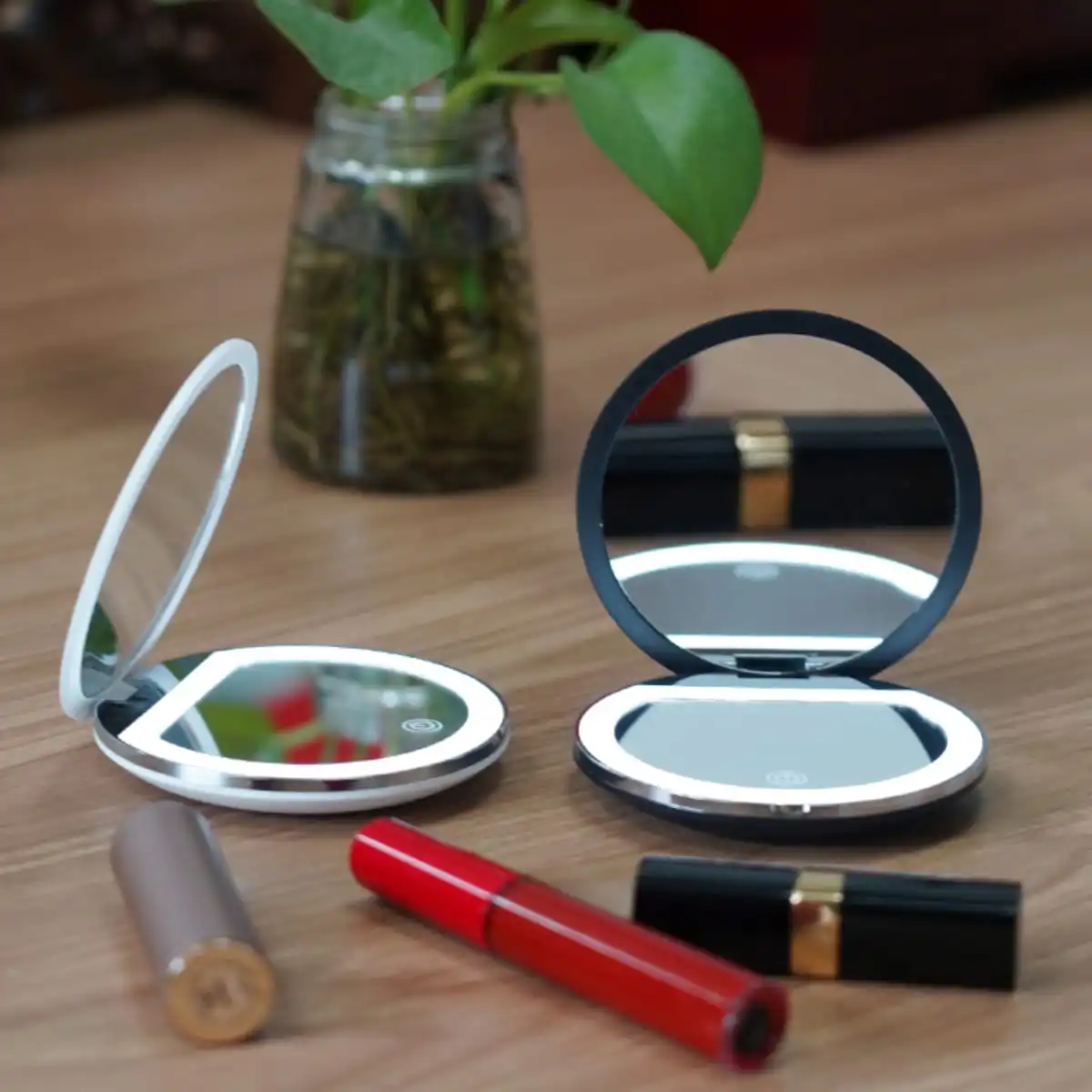 Espejo de maquillaje plegable con luces y aumento, espejo cosmético con luz y aumento para viajes, 2X/5X