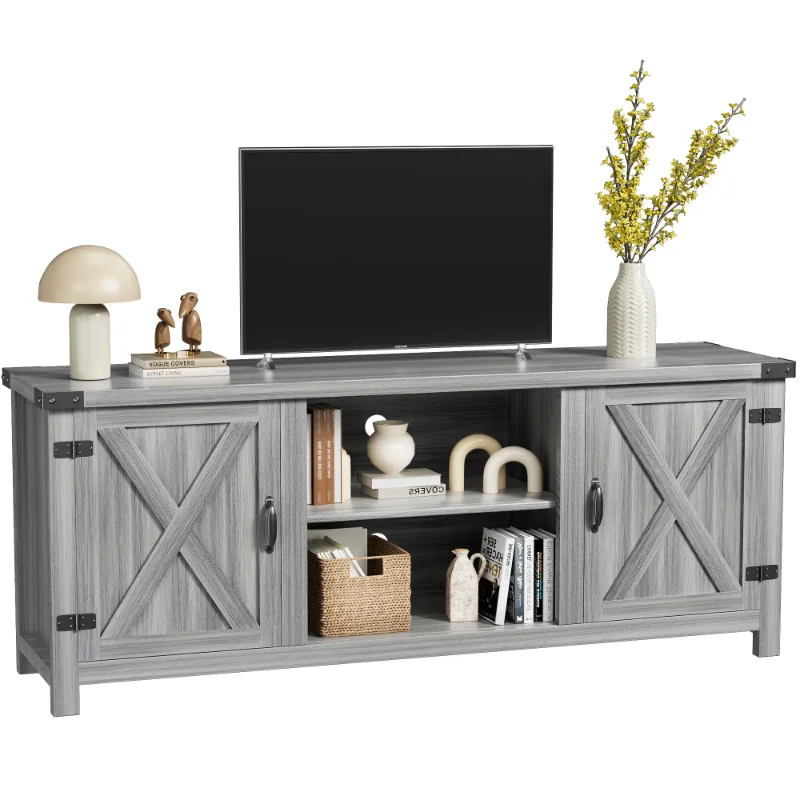 

58"Modern Farmhouse Barn Two-Door Tv Stand for TVs up to 65",Light Gray