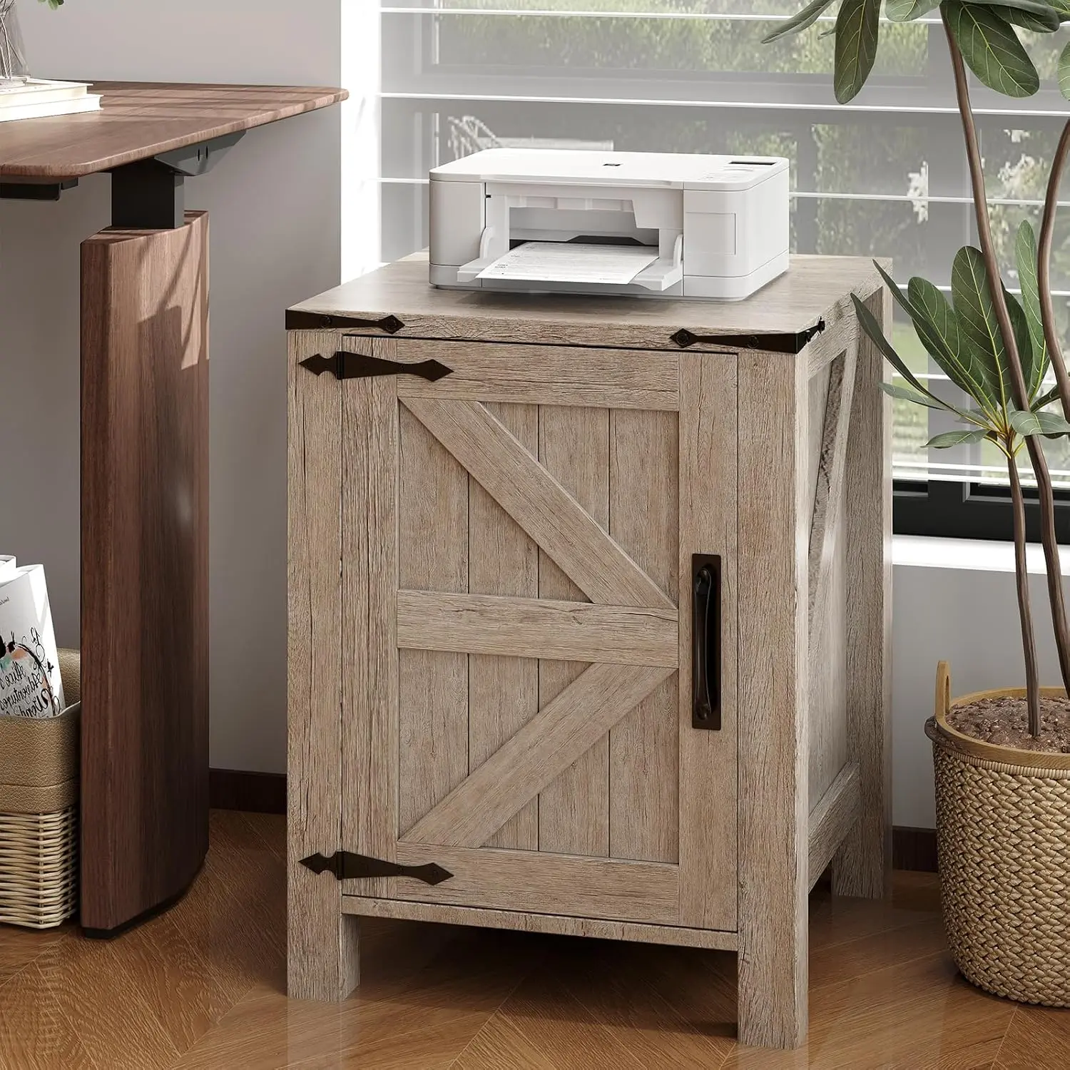 Modern Wooden Bedside Cabinet with USB Charging Station,Barn Door,Rustic Farmhouse Nightstand for Bedroom & Living Room