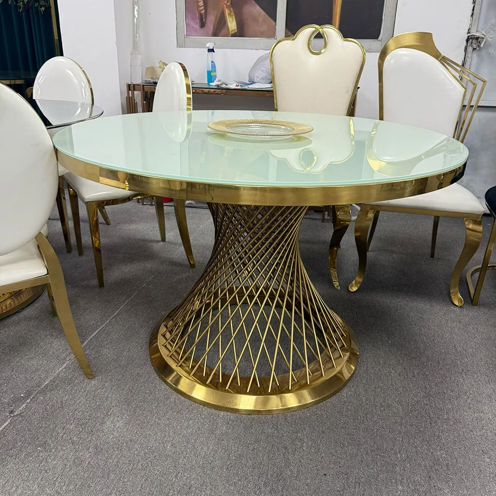 

FSDKX High Quality Round Wedding Table Gold Stainless Steel Frame Glass Top Dining Table