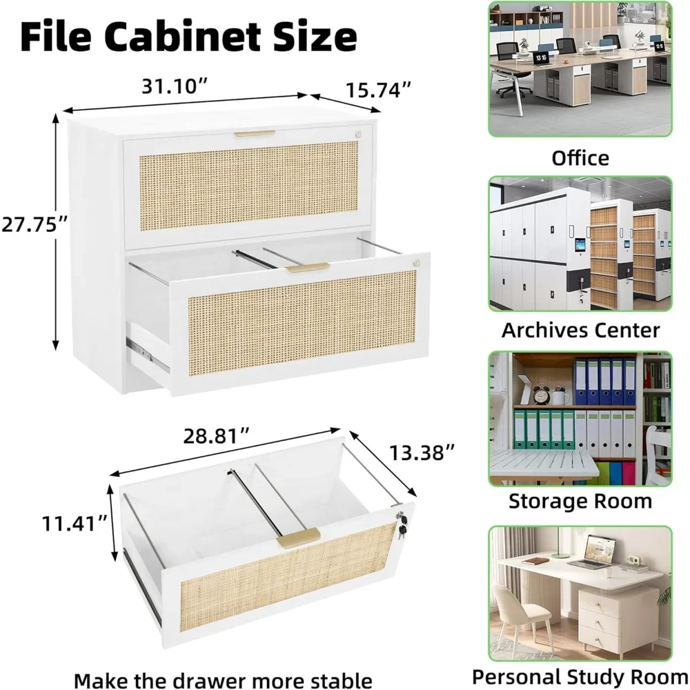 "2-Drawer File Cabinet w/ Lock - Wood Rattan Lateral Filing Cabinet & Printer Stand for Home Office & School"