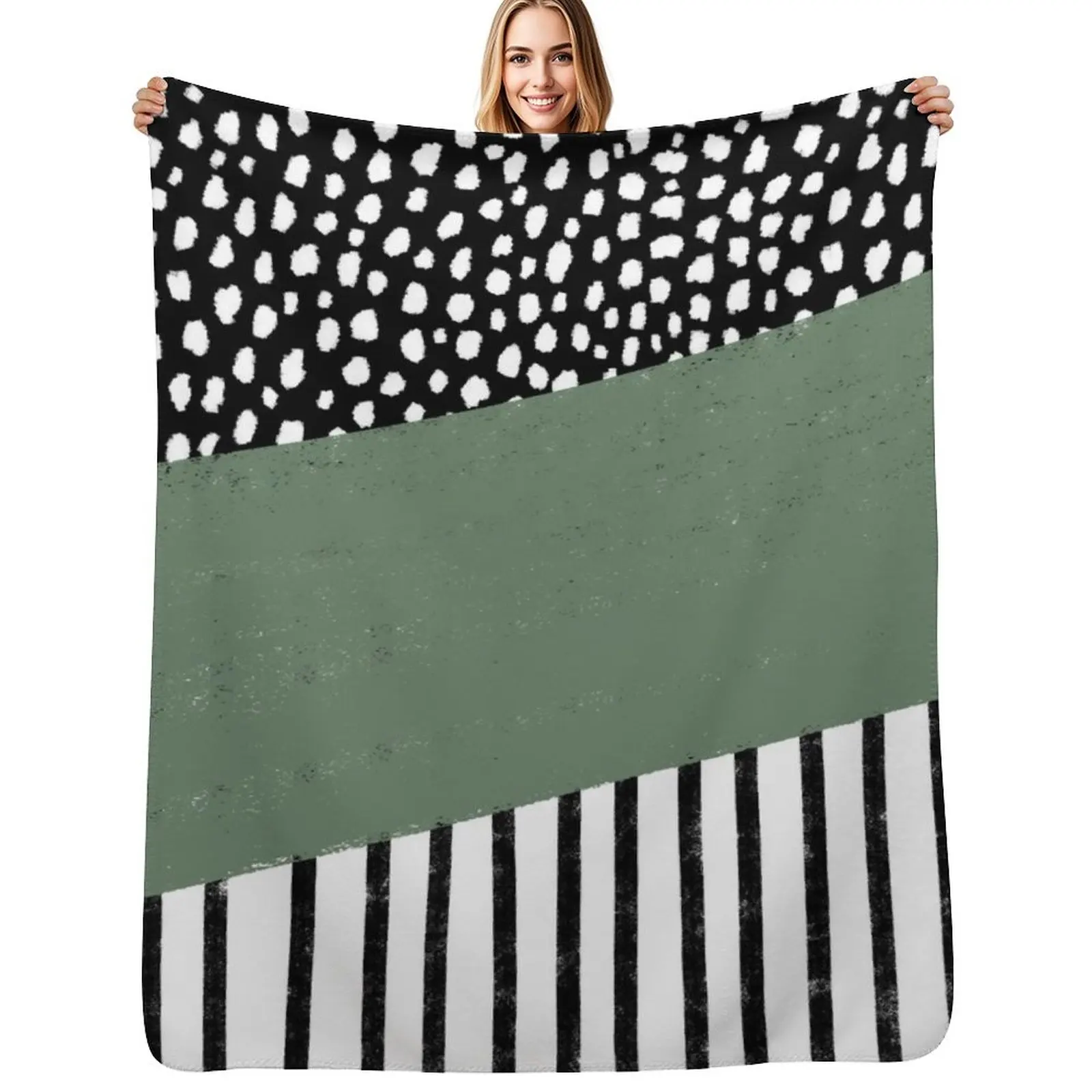 Polka Dots and Stripes Pattern (black/white/sage green) Throw Blanket Soft Breathable Blanket for Night Sleeping