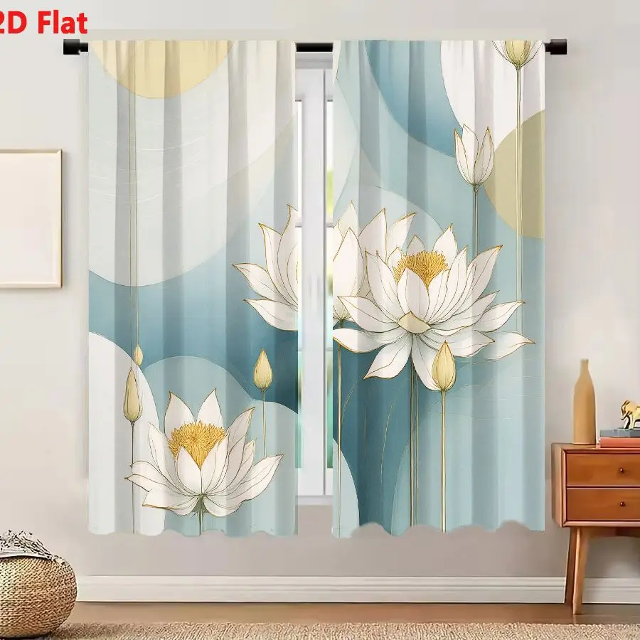 2Pcs Curtains 2D Flat Artistic Illustration Of White Lotus Flowers With Golden-Yellow Centers And Delicate Petals On Blue Beige