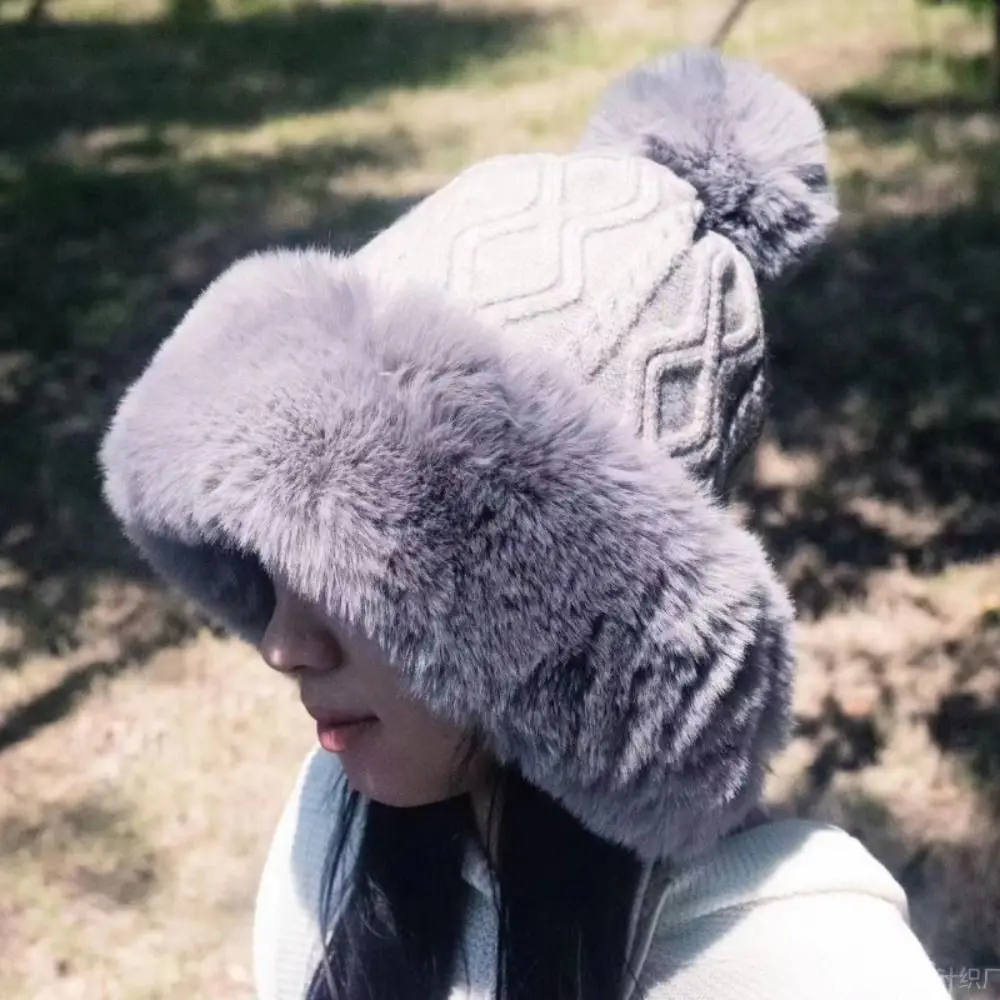 All-match Faux Fur Ear Protection Hat Keep Warm Solid Color Knitted Beanie Woolen Thicken Winter Plush Hat Female/Girls