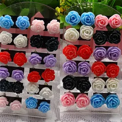 New 12 Pair Earring Pack Jewelry Fluorescent Colors Of Roses Earrings For Women Gift Mixed Lots Resin Rose Flower Stud Earrings