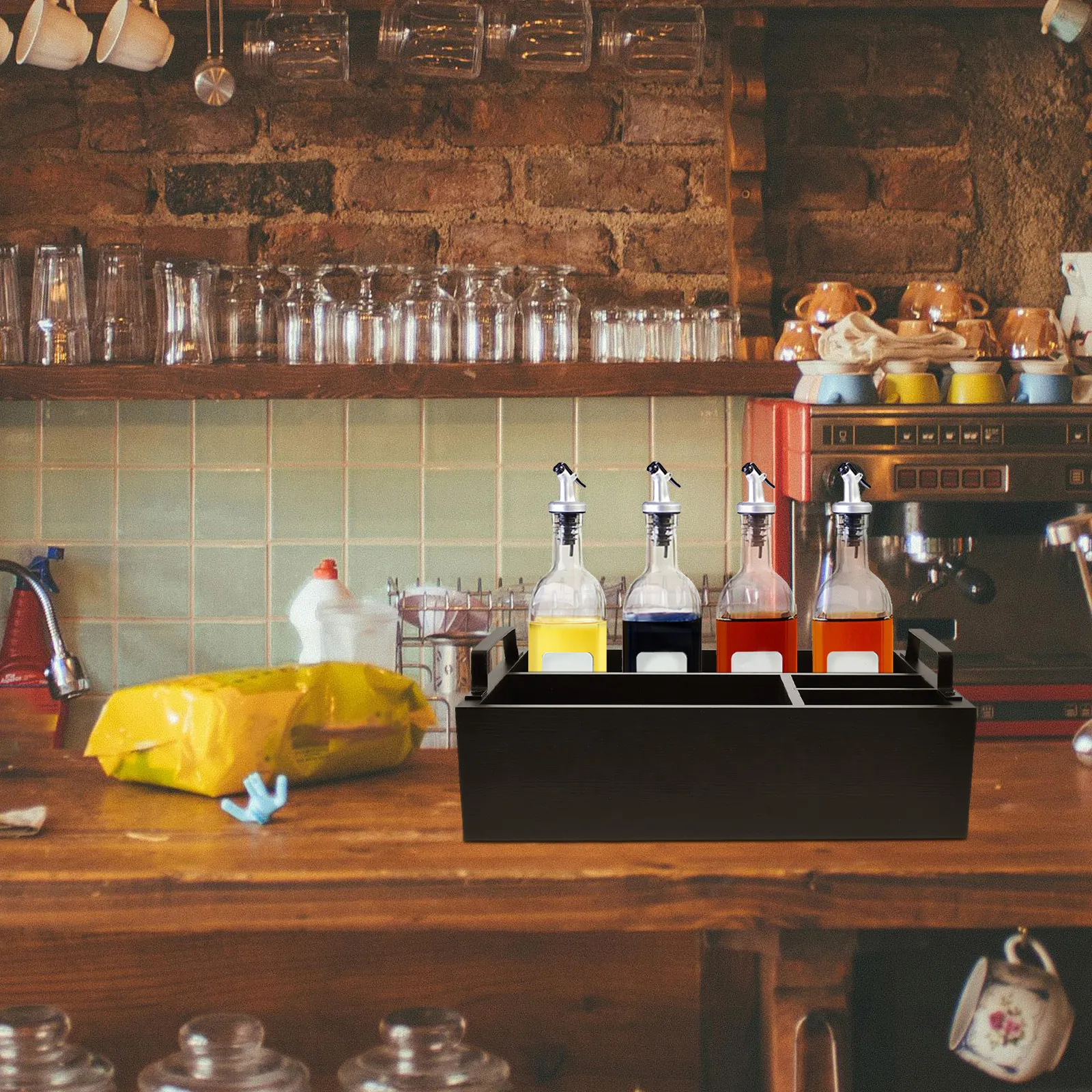 

Compact Coffee Bar Organizer Wooden Storage Box with Dividers for Countertop Use Coffee Condiment Tea Station Organizer Supplies