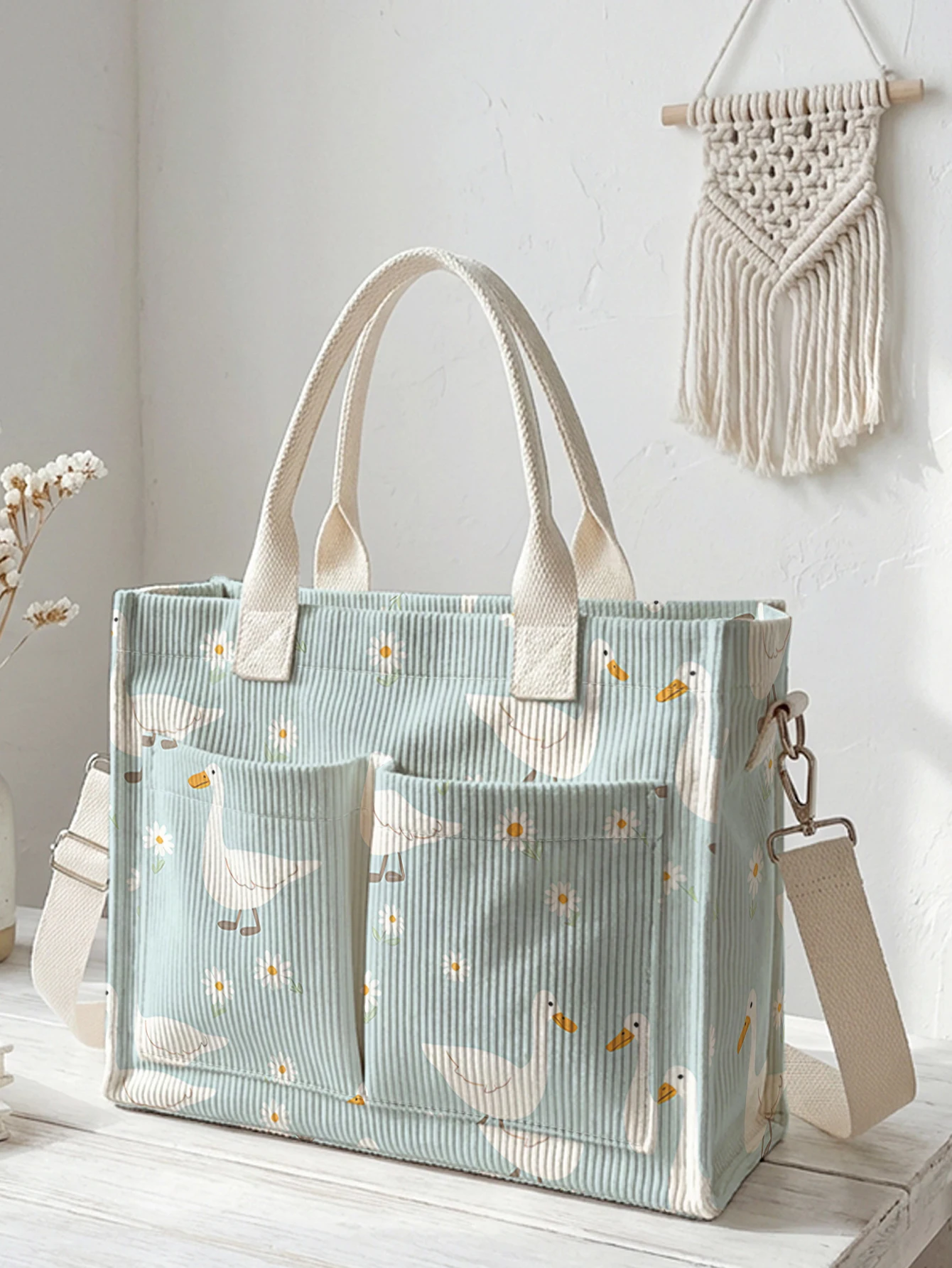 

Cute White Duck & Daisy Print Corduroy Tote Bag Large Capacity Multi Pocket Commuter Shoulder Bag