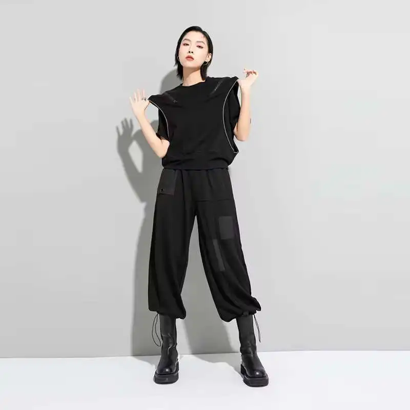 Ladies Short Sleeve Summer New Classic Black Zipper Design False Two Design Loose Casual Large Size Short Sleeve T-Shirts