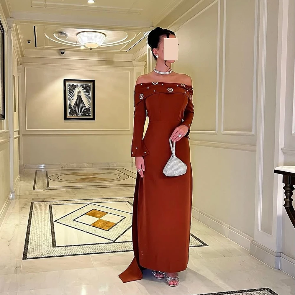 

Коричневое вечернее платье из джерси с вырезом лодочкой по индивидуальному заказу, вечернее платье с короткими рукавами и кристаллами, прямое платье для выпускного вечера длиной до щиколотки