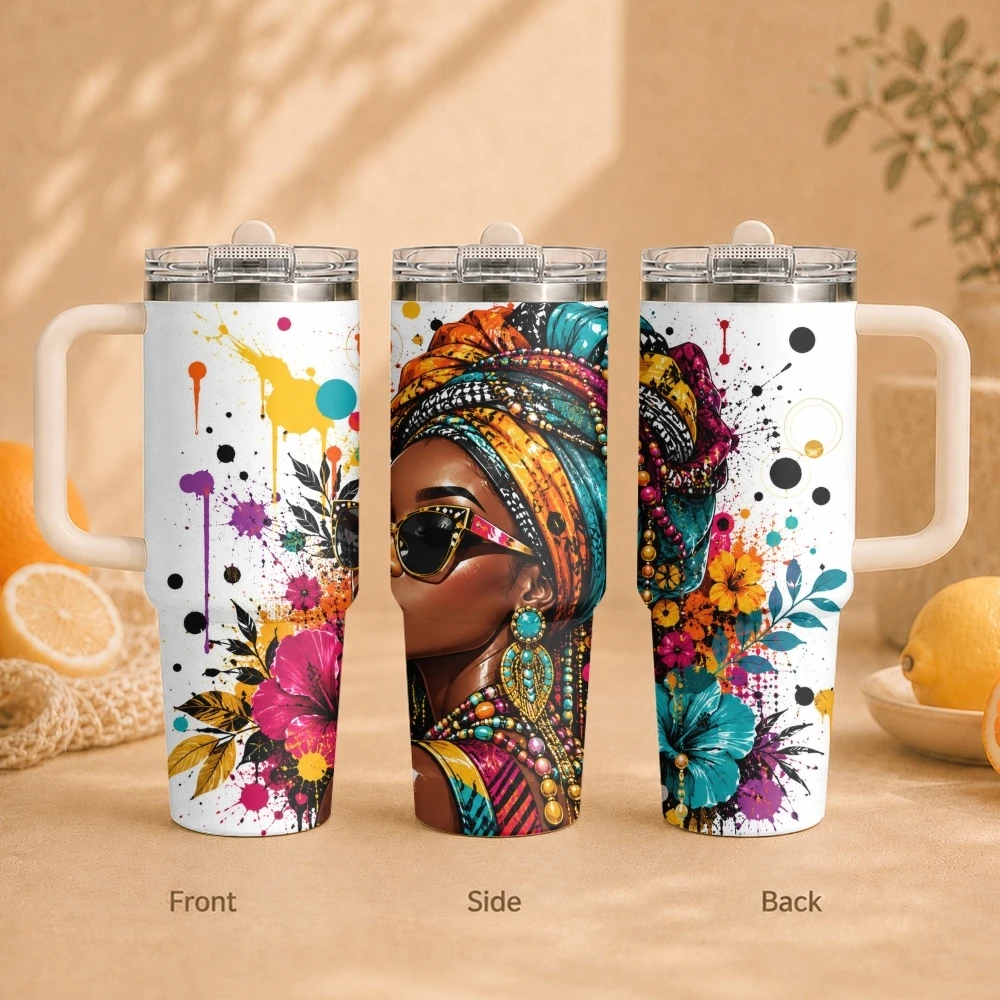 Vintage African Lady Vacuum Flasks 40oz Vacuum Insulated Travel Mug - Stainless Steel Straw Cup Lid