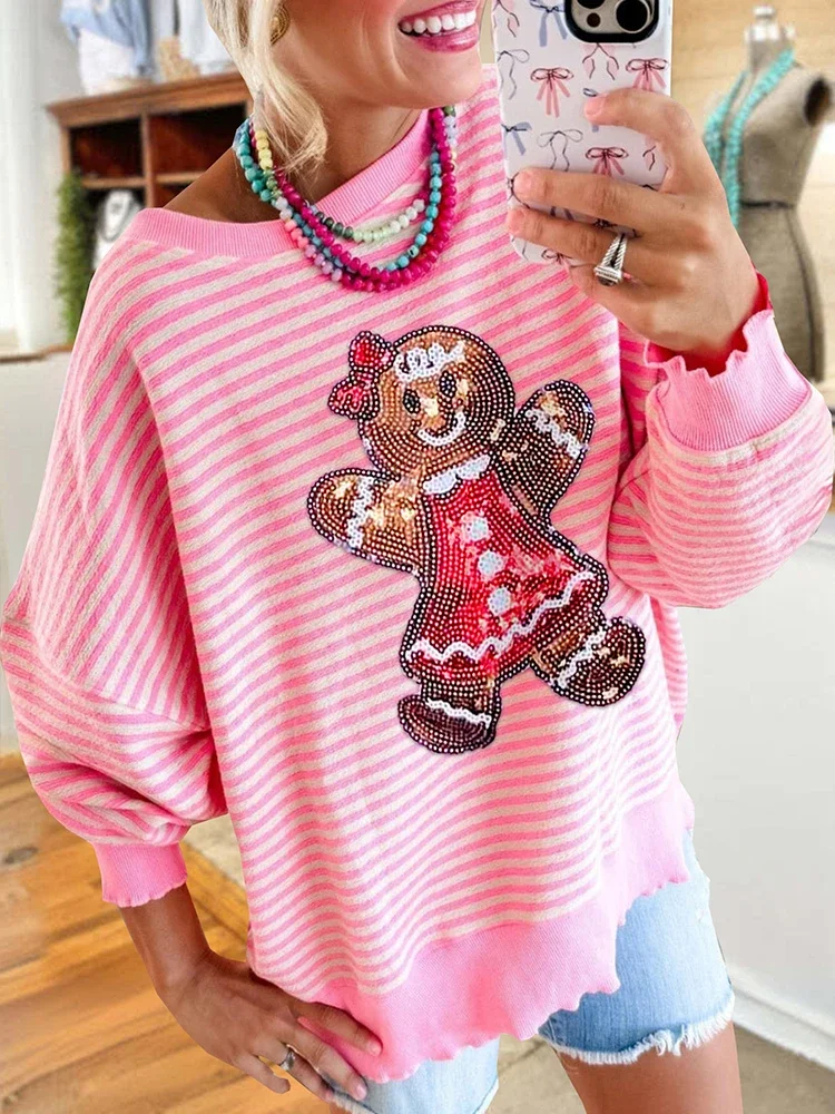 Sweet Christmas Gingerbread Sequin Striped  Sweatshirts