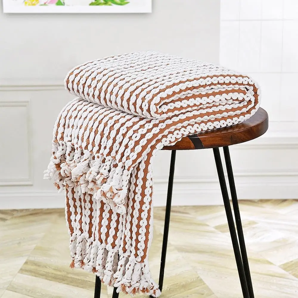 

Striped Knit Throw Blanket With Braided Tassels 50"" X 60"", Hand Knitted Soft Chunky Chain Design Boho Farmhouse Blanket, Two