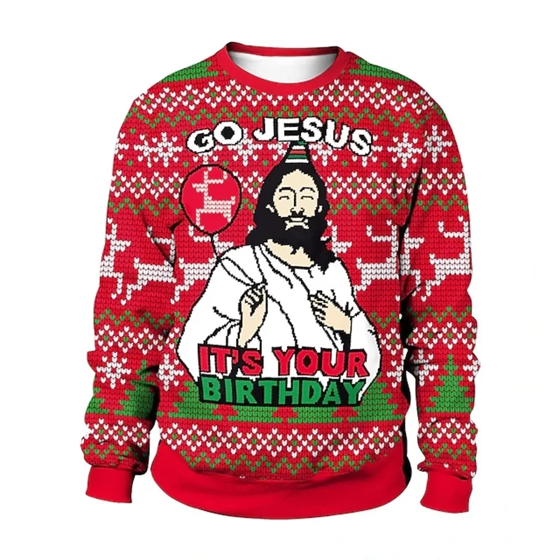 2024 Women Funny Christmas Sweatshirt Full Print Jesus Graphic Pullovers Hoodie Christmas Clothes Mens Plus Size Hoodies