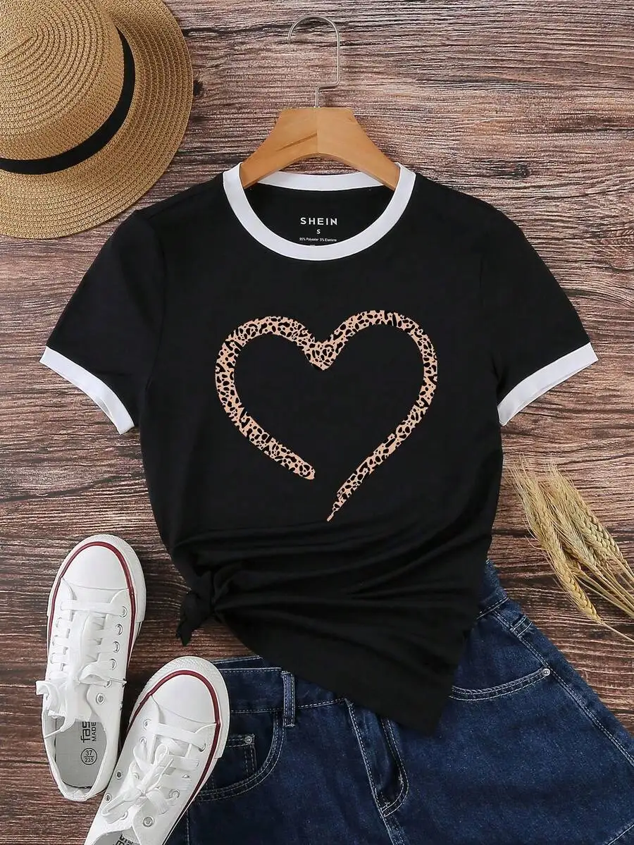 

Women's Black Ringer T-Shirt with Leopard Heart Print, Casual Summer Top