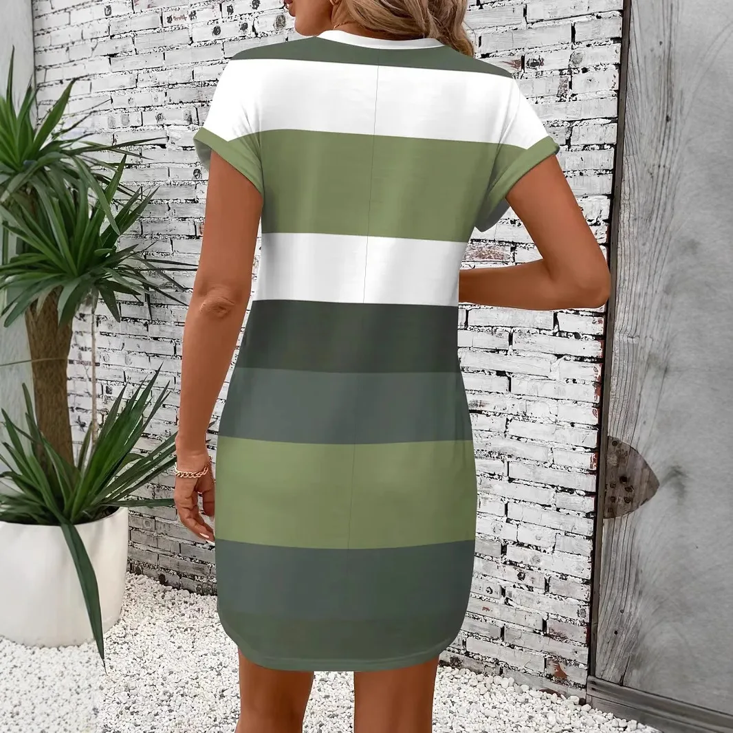 المرأة مخطط طباعة فضفاضة خمر جيب فستان قصير أنيق بوهو عادية حفلة ميدي كم قصير ركاب تي شيرت فساتين #4