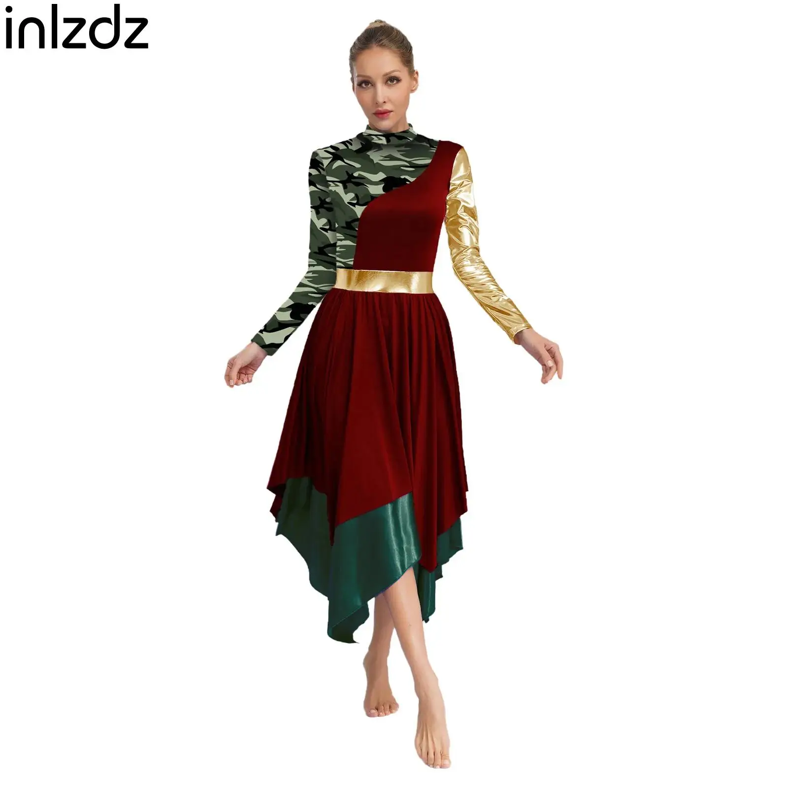 

Women Camo Perint Liturgical Praise Dance Dress Long Sleeve Modern Ballet Dance Costume Ballroom Performance Dancewear