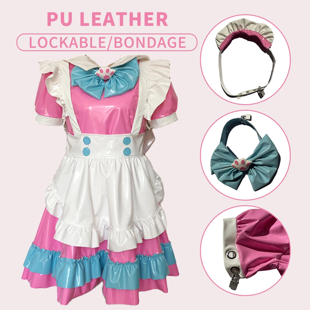 DDLG Bondage Costume PU Dress Lockable Lolita Fetish PVC Outfit With Lock Leather Restraint Collar Sexy For Women Mistress Men