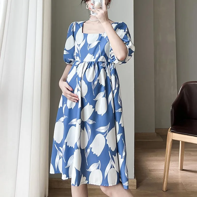 

Maternity Dresses Summer Printed Dress For Pregnant Women Fashion Embroidery Stitching Loose Plus Size Dress Pregnancy Clothes