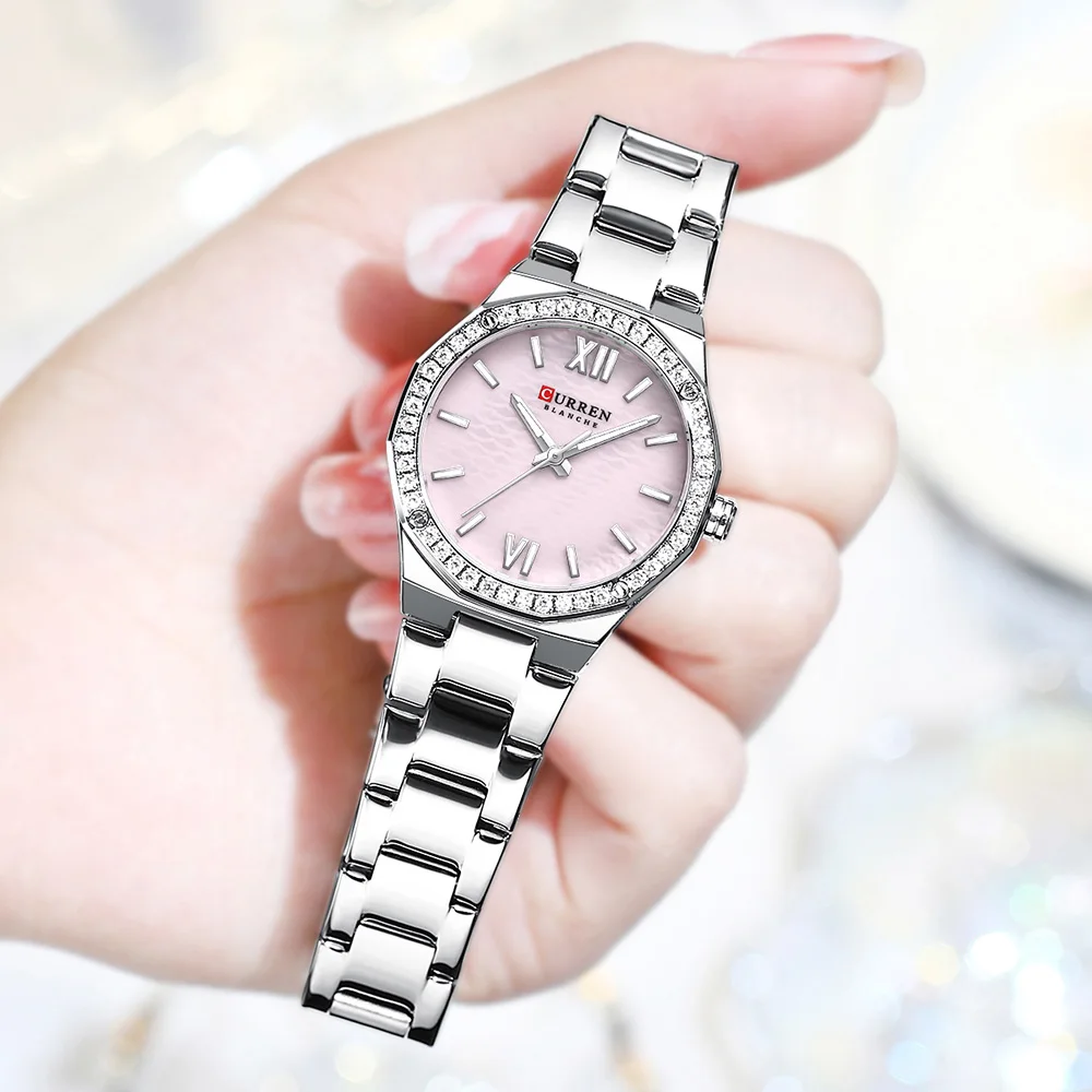 CURREN Simplicity Women's Watch Romantic Luxury Dial with Rhinestones Stainless Steel Band Slim Wristwatch for Ladies Waterproof