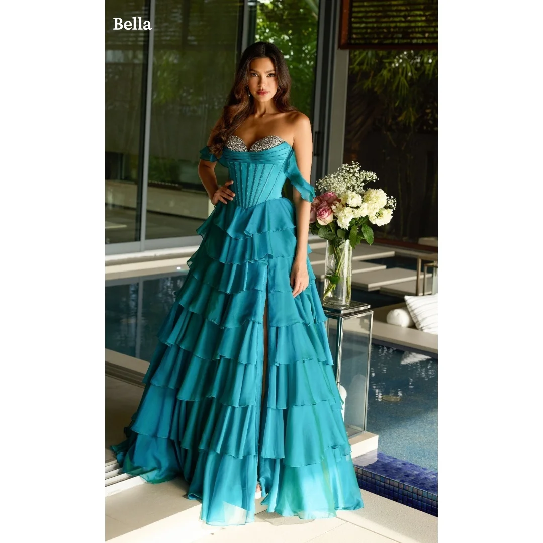 

Bella Customized Turquoise Off-Shoulder Sweetheart Neck robes de soirée Rhinestone Bodice Tiered Ruffle Skirt Party Dresses 2025
