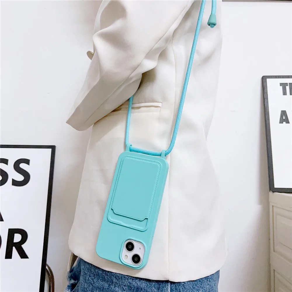 Wallet Crossbody Lanyard Case For iPhone 15 13 Pro Max 11 12 X XR XS Max 14 Plus Card Slot Soft Silicone Neck Rope Strap Cover