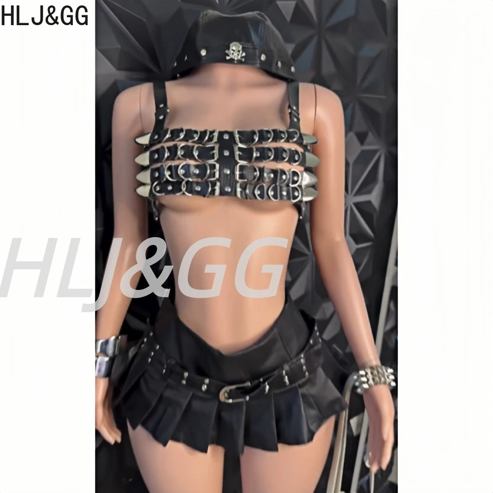 

HLJ&GG Black Sexy Punk Leather Belt Hollow Two Piece Sets Women Sleeveless Tank Crop Top+Pleated Mini Skirts Outfits Streetwear