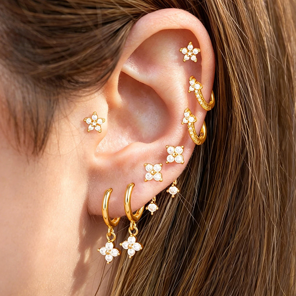 4PCS/8PCS Exquisite Zircon Round Hoop Earring Set For Women 14K Gold Plated Stainless Steel Flower Ear Stud Daily Wear Jewelry