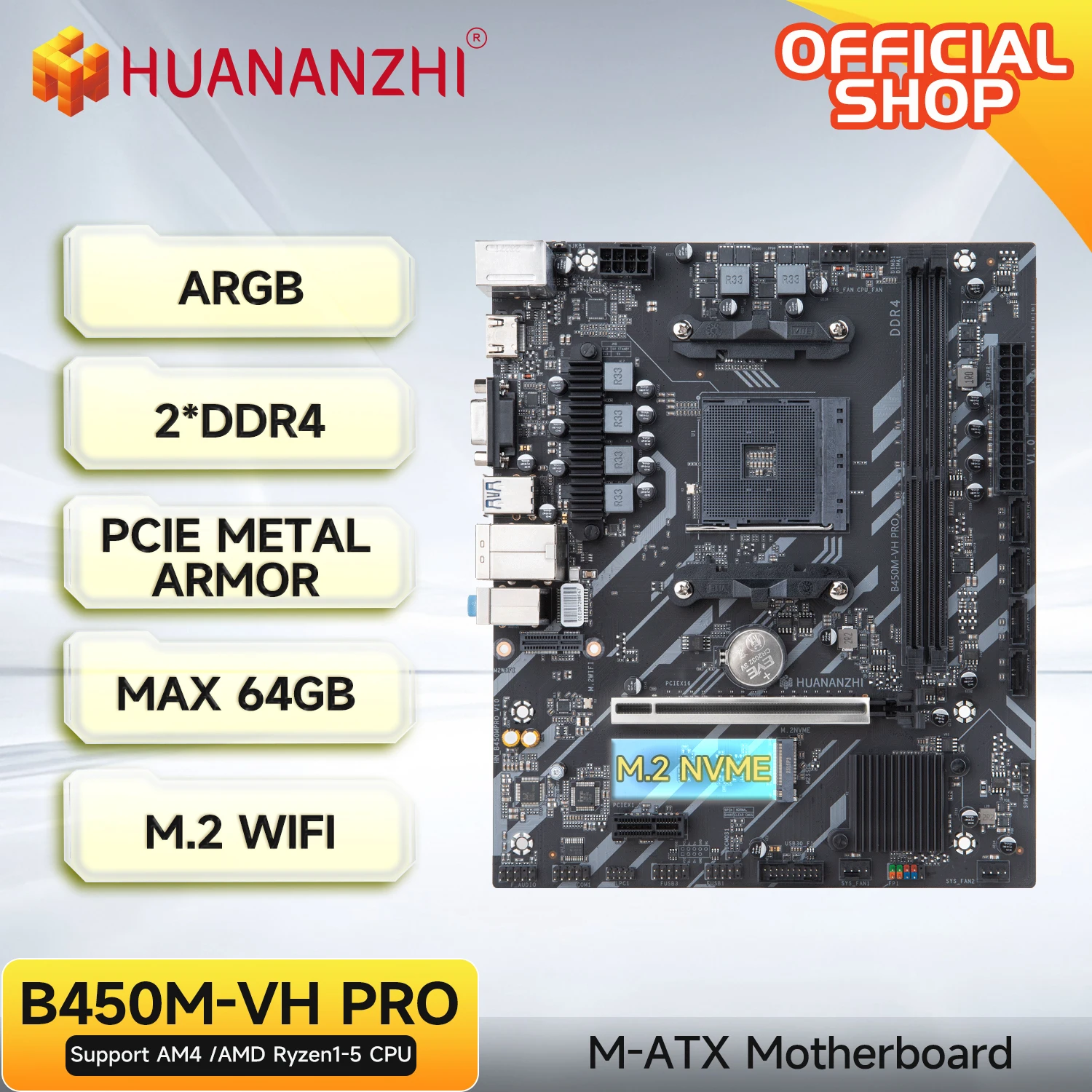 

HUANANZHI AMD B450M VH PRO Gaming Motherboard USB3.0 M.2 Nvme Sata3 Supports Ryzen 5500 5600 5600G CPU