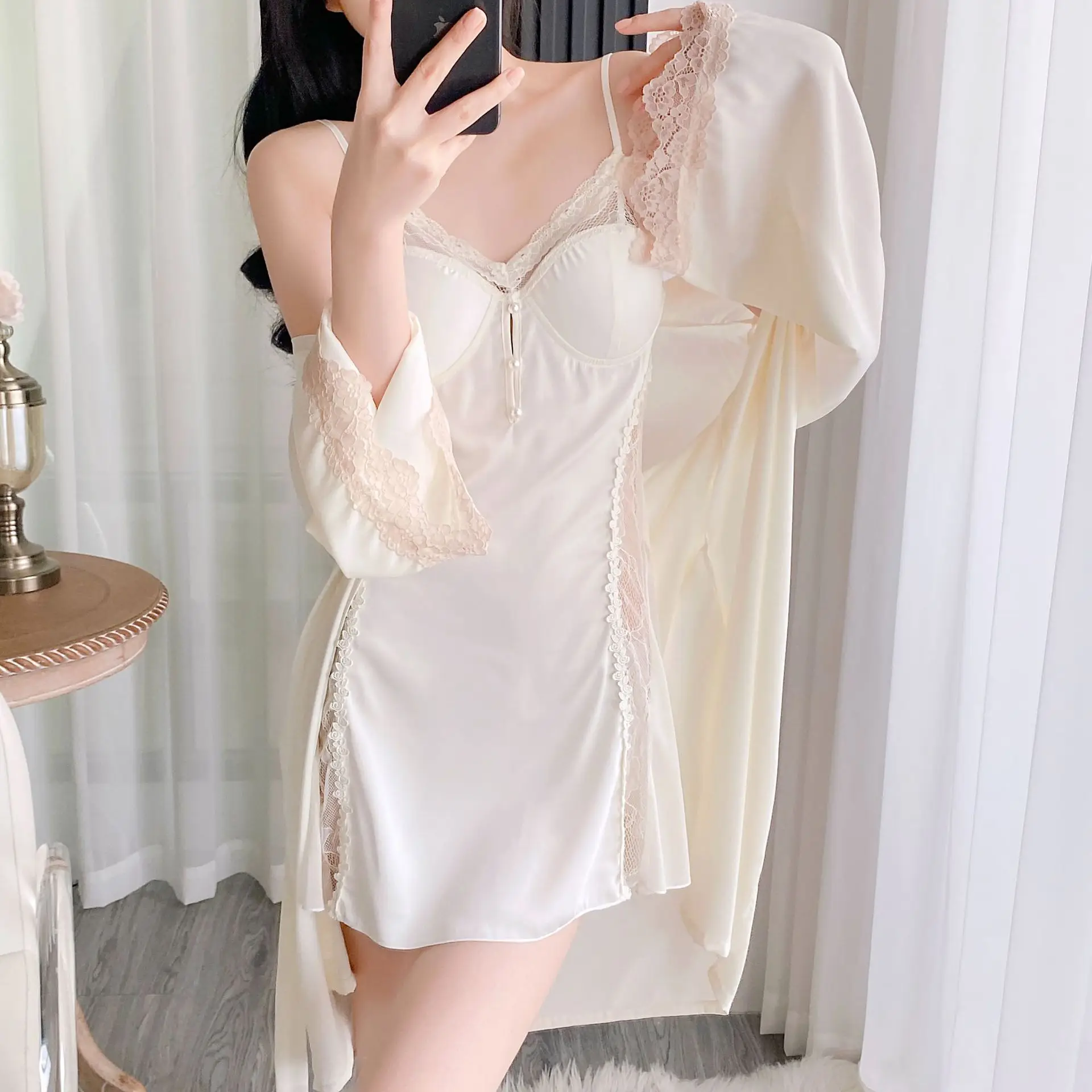 Twinset koronkowy szlafrok komplet damski szlafrok koszula nocna bielizna zestaw bielizny nocnej letnie kimono jedwabiście satynowe koszule nocne sukienka Loungewear