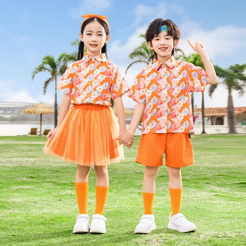 

Kids Baby Orange Color School Uniform Shirt And Bottom Clothes Set For Boy Girl Stage Dance Outfit Children Performance Costume
