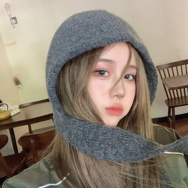 Winter Hooded Hat Knitting Warm Beanies Hat For Women Girls Solid Color Outdoor Cold-proof Bonnet Fashion Versatile Cap Gifts