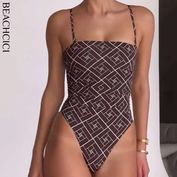 ביקיניים לנשים BEACHCICI סט אחד קיץ מודפס חגורת כתף ללא שרוולים עם מחשוף ריבועי וגב חשוף בגד ים לחוף