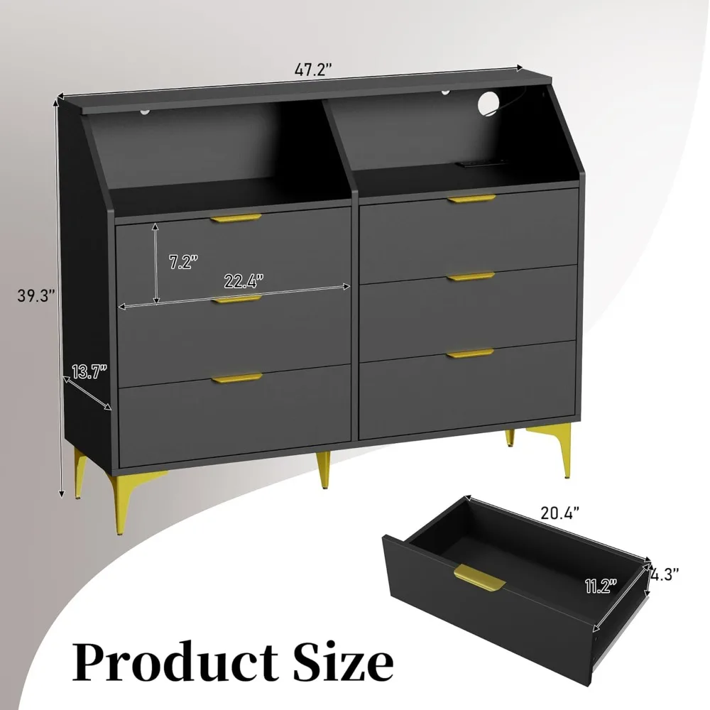 cômoda iluminada de 6 gavetas com estação de carregamento para quarto