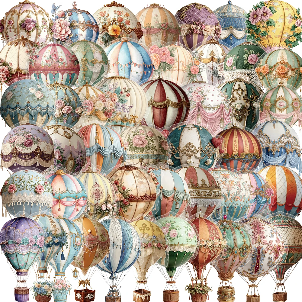 50PCS Vintage Hot Air Balloon Sticker Transparent Phone Students DIY Supplies Laptop PET Scrapbook Phone Case Gift Stickers
