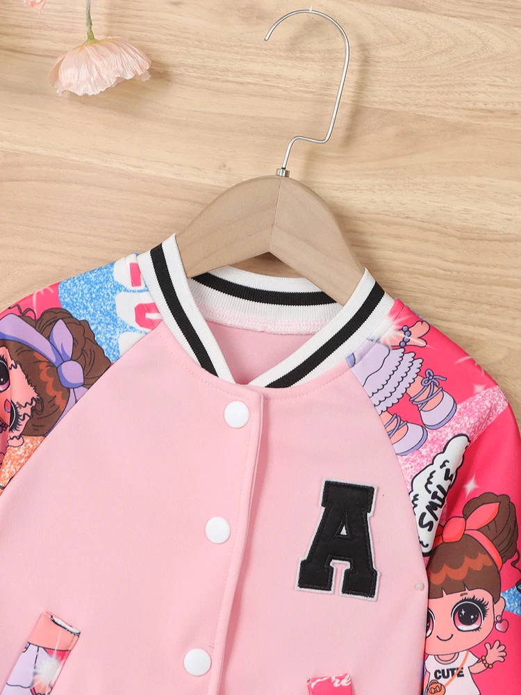 Girls Letter“A” Pattern Cartoon Doll Print Baseball Uniform Jacket, Kids\'s Spring and Autumn Casual Jacket