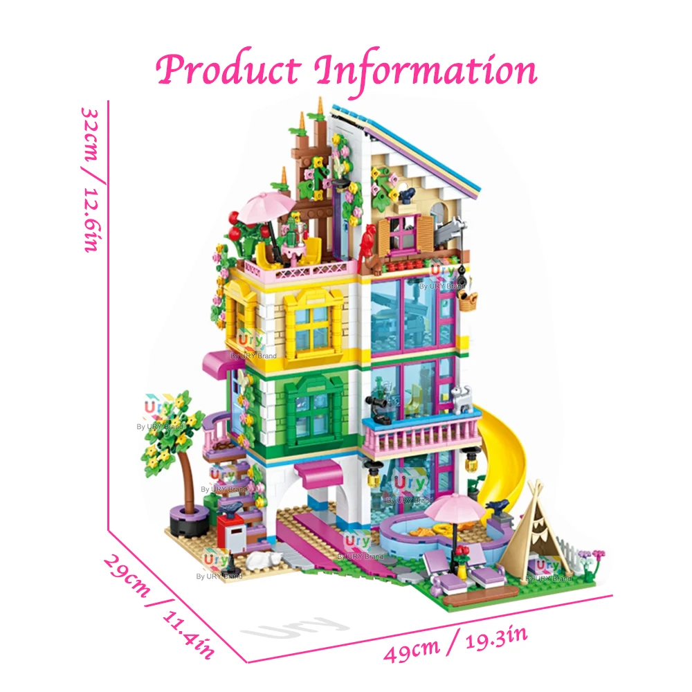 Friends Series Luxury 3-Story Mansion Villa with Swimming Pool Slide Summer Holiday Garden Building Blocks Sets DIY Toy for Gift