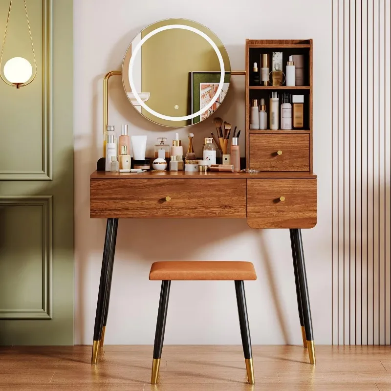 

35" Makeup Vanity Desk with Round Mirror and Lights, ModernVanity Table with 3 Drawers &Shelves, Dressing Table Set , Walnut